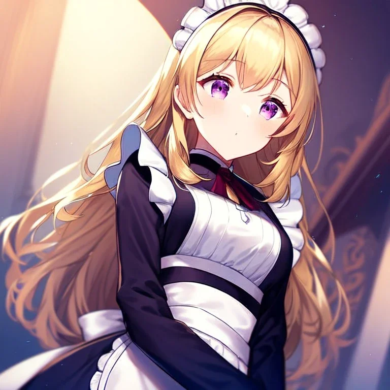 girl, masterpiece, best quality, volumetric lighting, detailed outfit, perfect eyes, golden hair, purple eyes, long hair, looking up, maid,