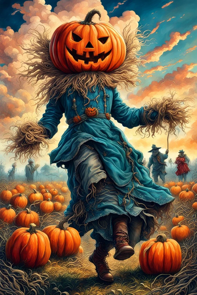 works by Mark Keatley, Josephine Wall, Ellen Jewett, Dan Mumford Cayenne, Victoria Francis. dancing scarecrow with a scary pumpkin head in a field with scarecrows, High Definition HD, High Detail, UHD Pen and Ink Art, Perfect Composition, Detailed Intricacy, Crazy Octane Rendering, Trending on Artstation, 8k Fine Art Photography, Photorealistic Concept Art , soft thoughts, 3D cinematic perfect light, 3D rendering, famous, unforgettable., photo, poster, cinematic