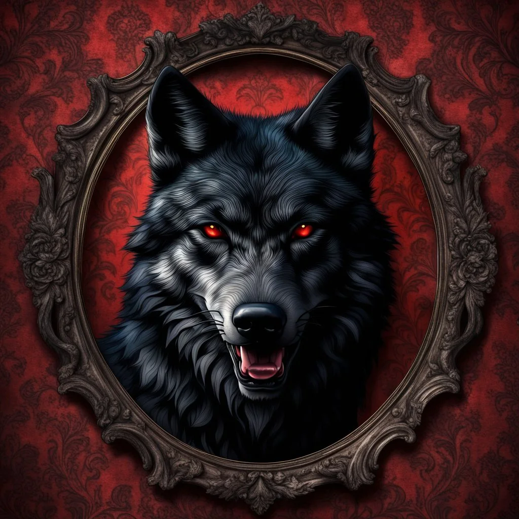 Hyper Realistic Horrifying Black Wolf Portrait with Fancy Frame On Dark Fancy Grungy Red Damask Texture Wall with peeling & vignette effect at night