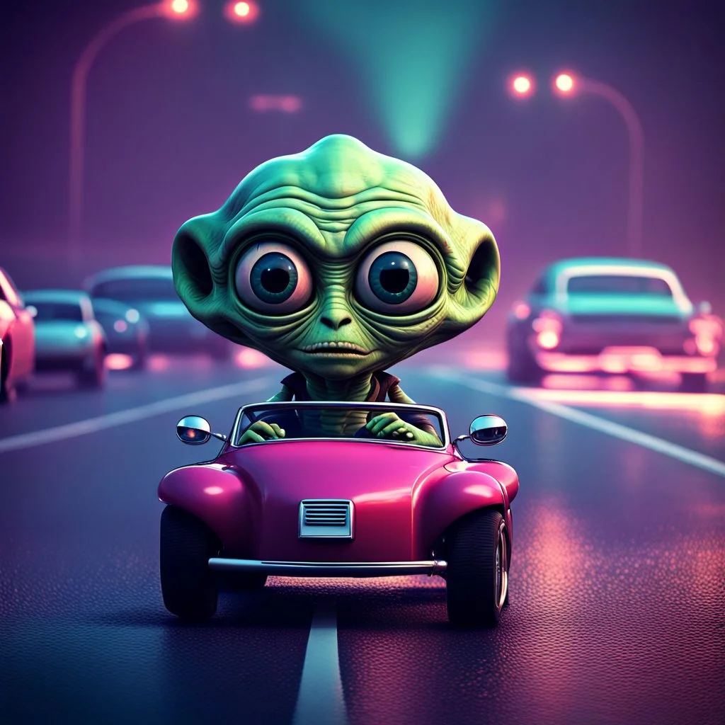 a cartoon alien driving a car down a road, a character portrait by Mike Winkelmann, featured on cgsociety, pop surrealism, rendered in cinema4d, daz3d, behance hd