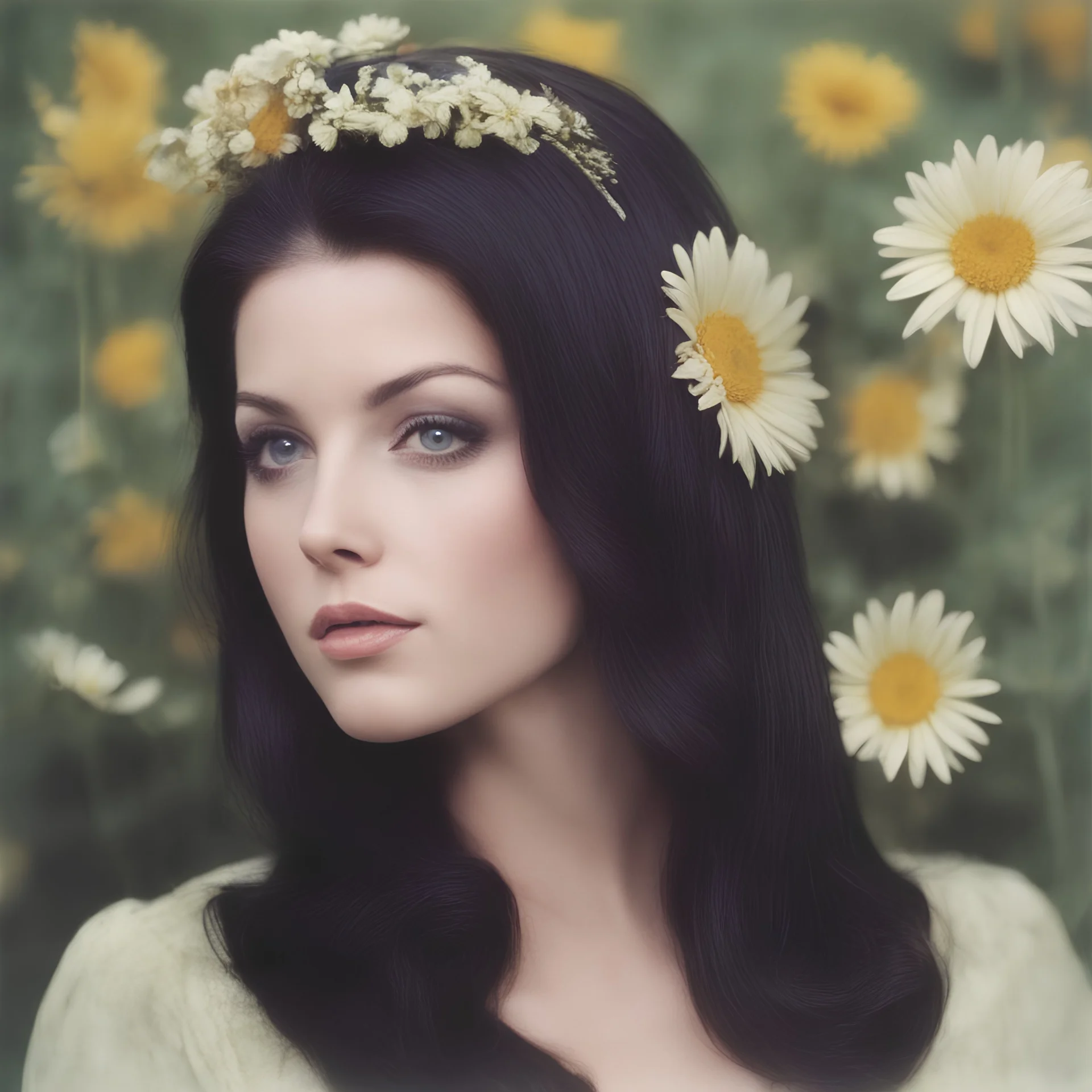Young, Priscilla presley, 60s, black hair, beehive, daisies, autochrome