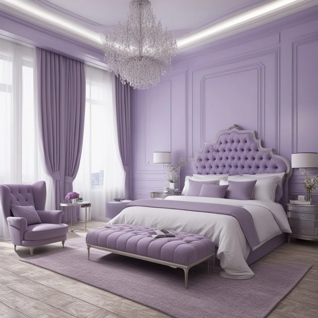 hotel bedroom master, modern classic style, lavender colors, 3d