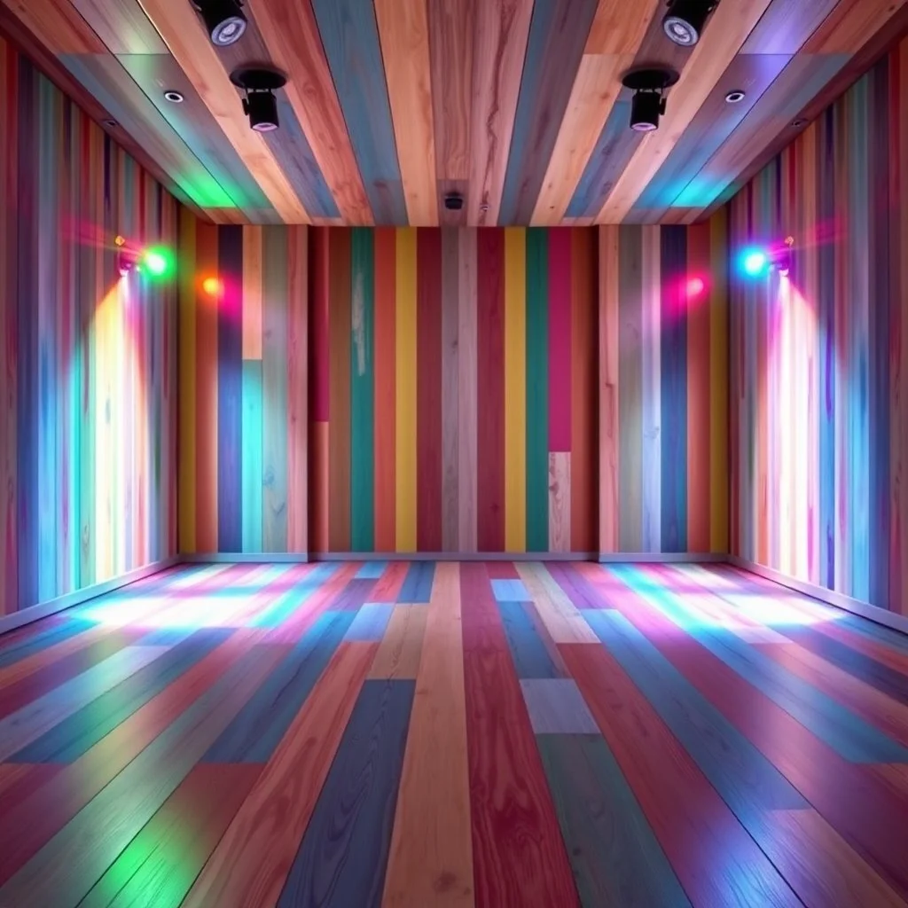 Central Symmetrical View Of A Colorful Wooden Floor & Wooden Wall With Colorful Brush Strokes In An Empty Room With Colorful Stage Lights.