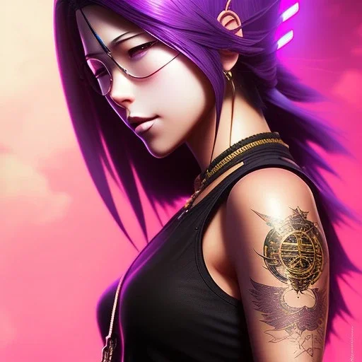 revy black lagoon, purple hair, black tank top, jean shorts, tribal sleeve left arm, portrait shinkai makoto, studio ghibli, studio key, madhouse anime studio, artgerm, lau rossdraws james jean marc simonetti pixiv