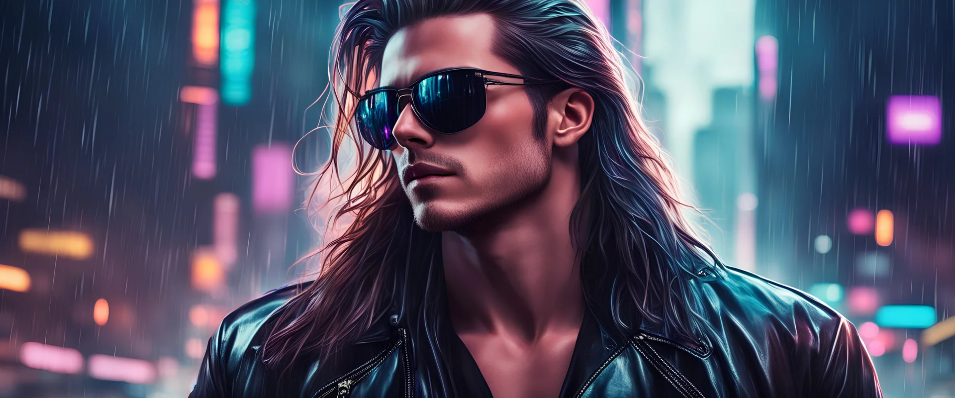 A thin Zack Efron frontal wearing sunglasses, very long hair and a leather jacket, looking downward futuristic dark rainy city clair-obscur background, Blurry photo-realistic synthwave, darksynth, retrowave, Syd Mead style