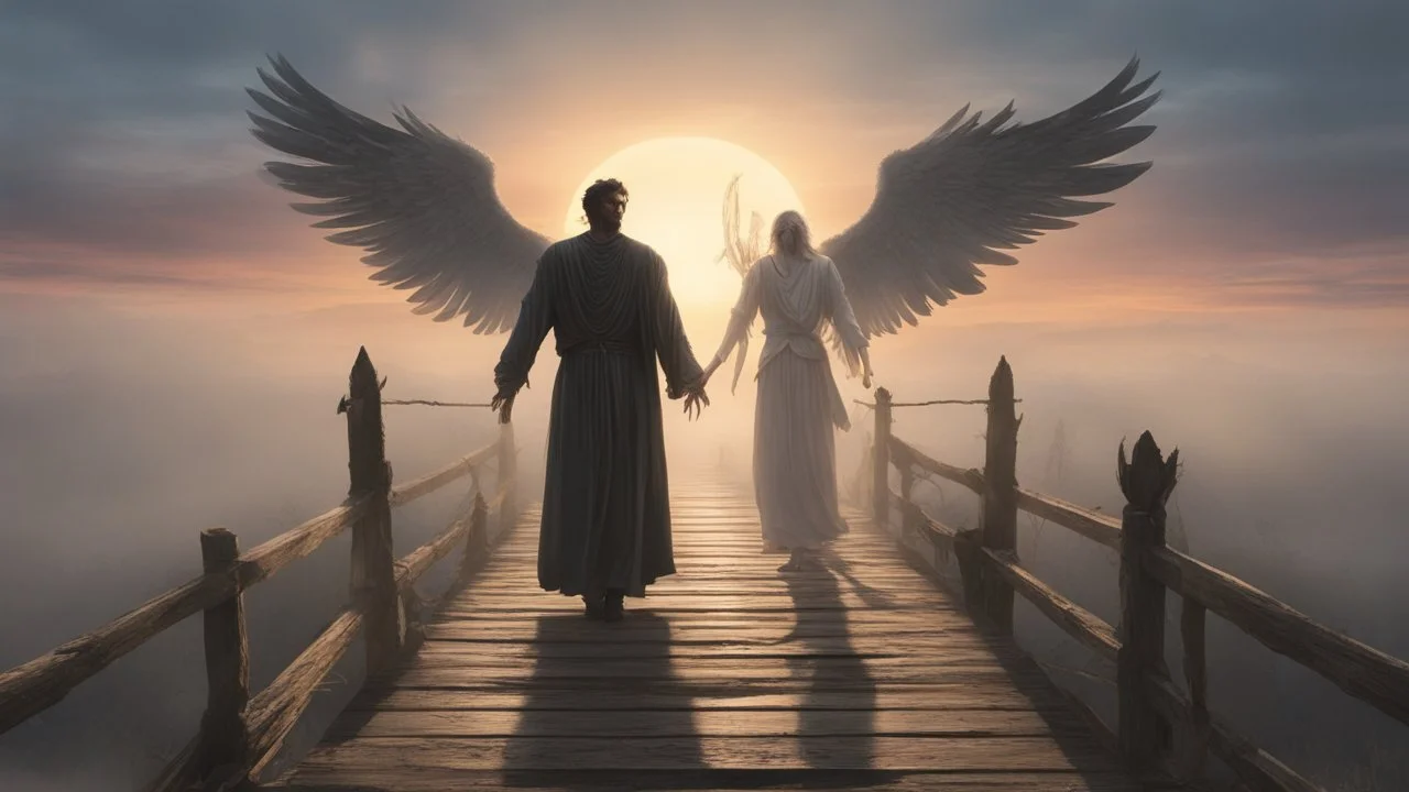 constantine, walking straight ahead over a wooden bridge, holding the angel of death with your right hand, entering the fog at the end of the road that leads to the afterlife, and a beautiful sunset and galaxy's behind the fog, realistic