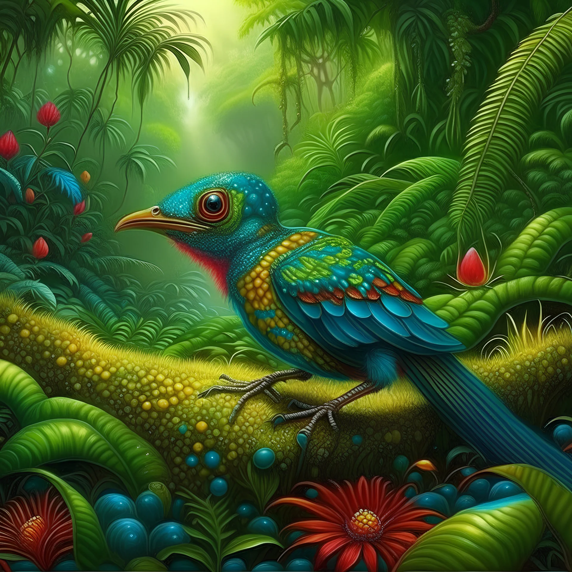 alien bird, jungle background, very detailed, hyper realistic, nature photography, colorful. Thomas Kinkade. Yayoi Kusama