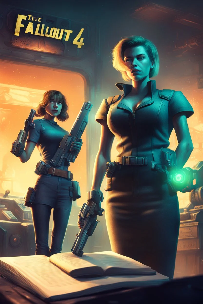 book cover illustration, Nico Belic and woman in fallout 4 setting, bokeh, downlight, prize winning, depth of field, monster in background, stereoscopic cartoon storyline montage, glowing guns