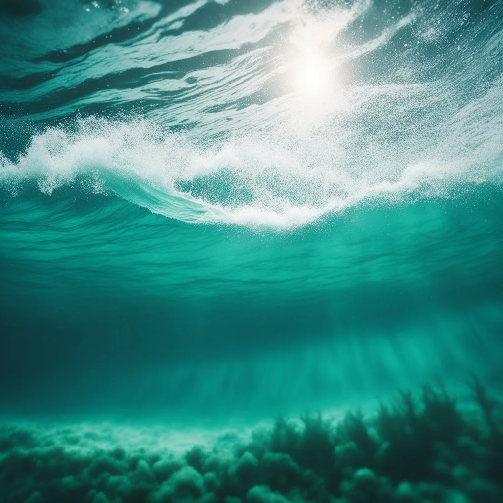a transparent wave seen from below under the sea [vintage style noisy scratches glitches, Shot the texture and then rewound the film and double exposed]