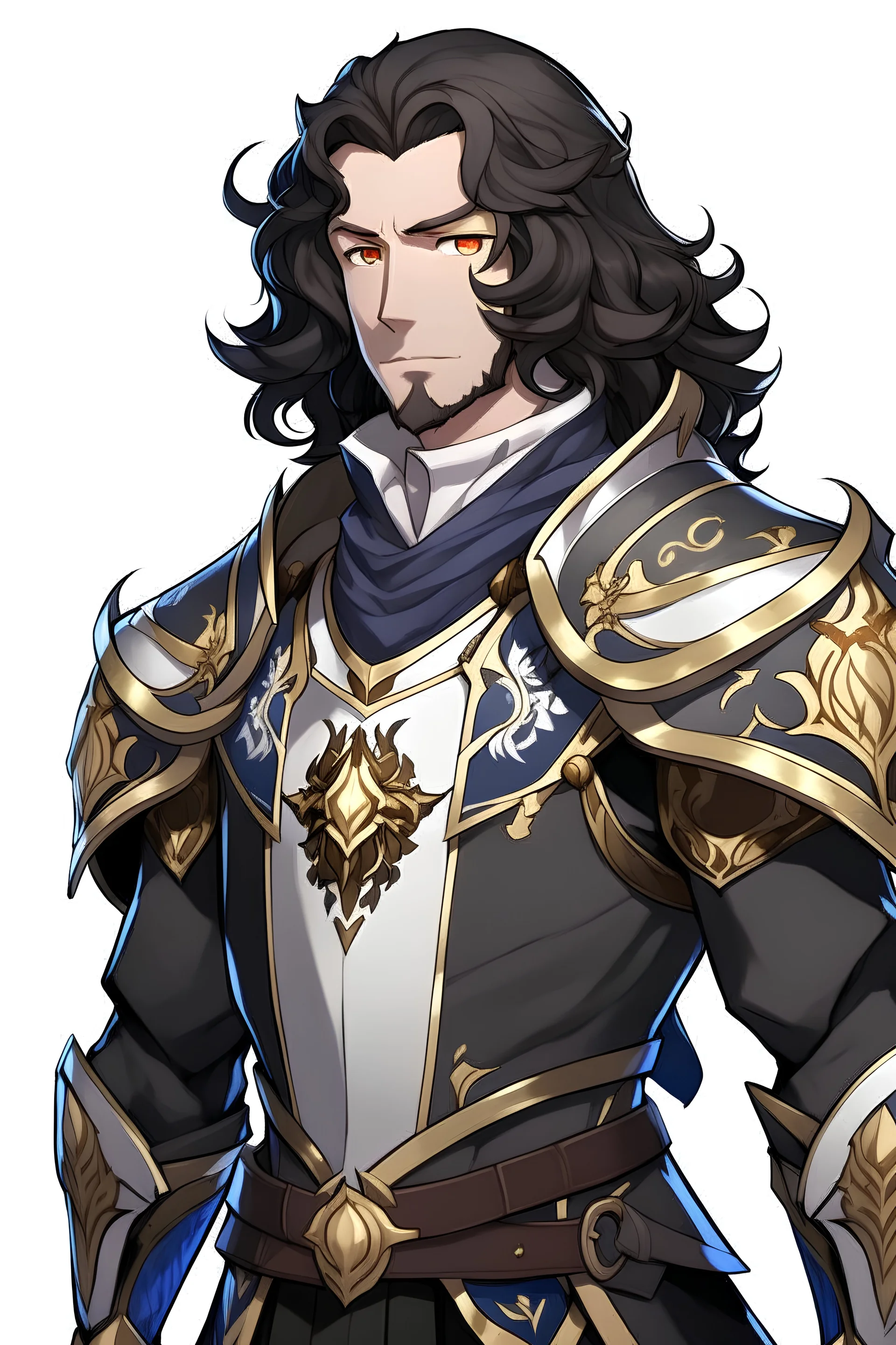 мужчина из геншина с очень кудрявыми длинными темными волосами в полный рост стоящий в броне