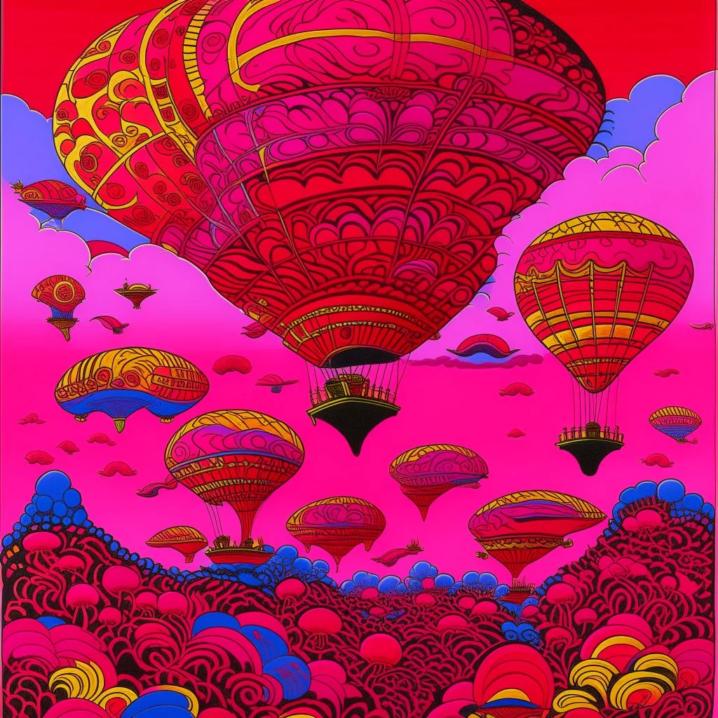 A dark pink sky with airships designed in Indian Gond art painted by Paul Ranson