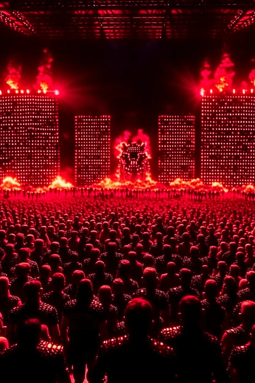 4K realistic, Terminator crowd at a rammstein concert, flames everywhere.