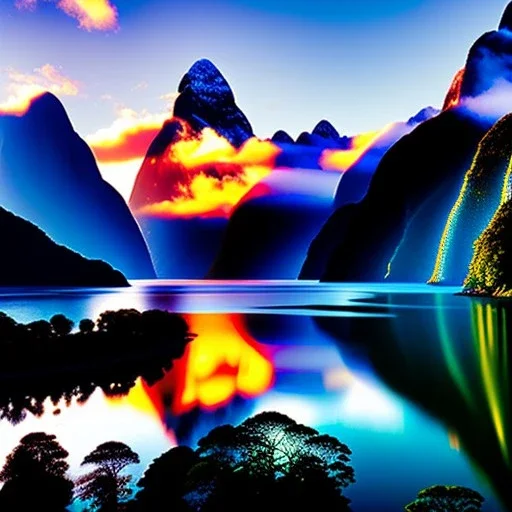 Milford Sound/Piopiotahi, New Zealand,aerial view,extremely detailed digital painting, high resolution,8k, realistic, beautiful, volumetric lighting, mystical colors ,perfectly centered image, perfect composition, rim light, beautiful lighting,masterpiece, stunning scene, raytracing, anatomically correct, in the style Van Gogh and robert e howard and Ken Kelley and Ohrai Noriyoshi and Simon Bisley and tomzj1.