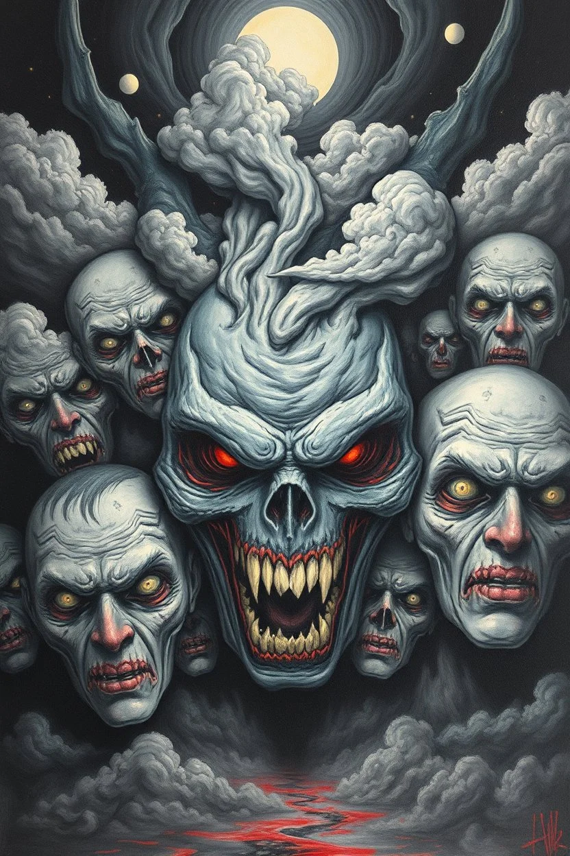 Nightmare in my mind, evil in many faces, Busch painting nightmare, thin line draw, 3D gray clouds colors