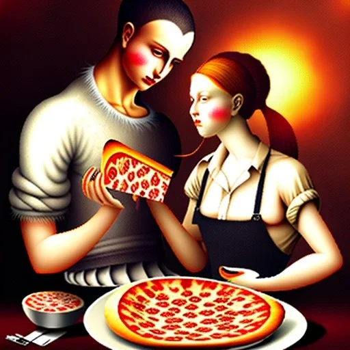 man feeding woman pizza