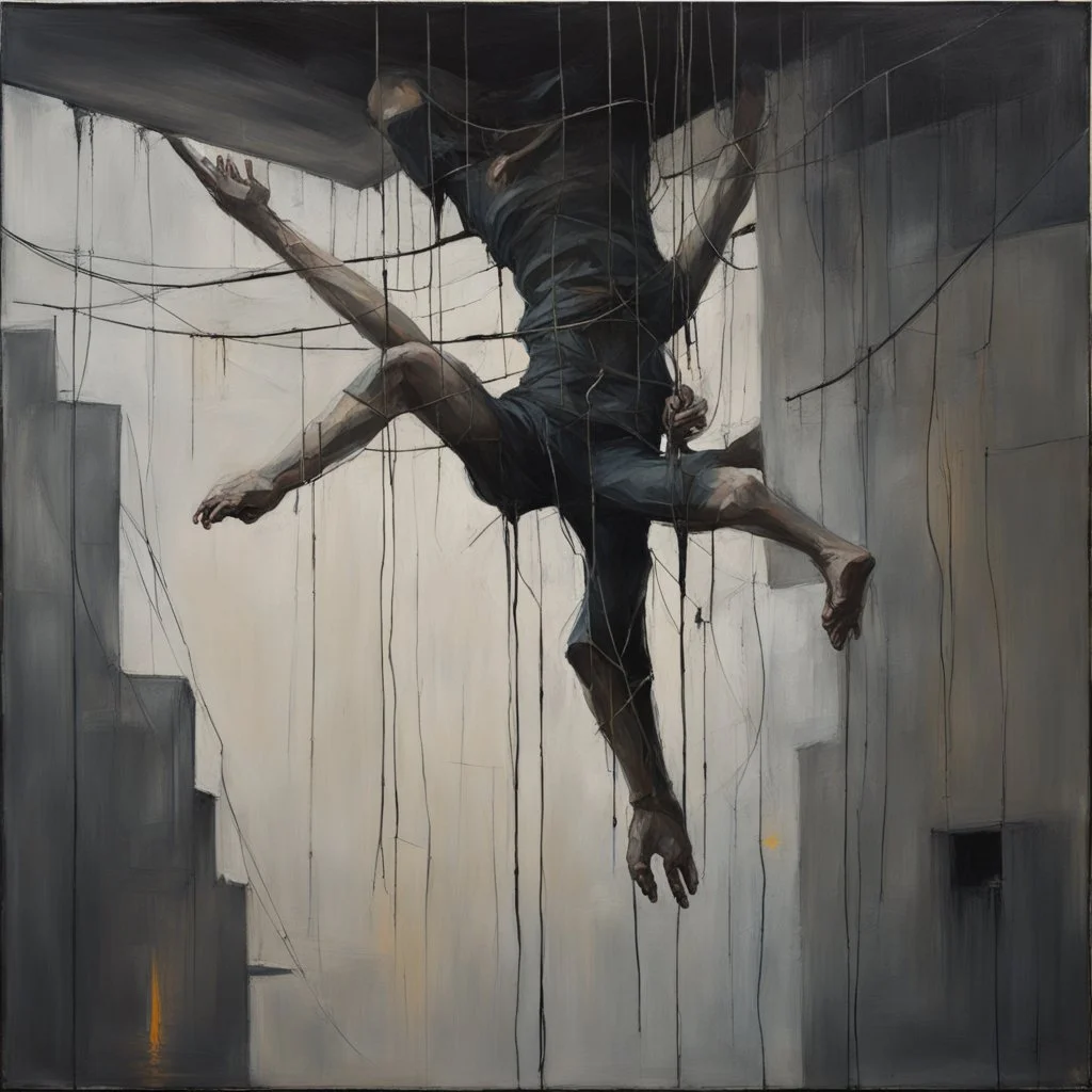 Minimal abstract oil painting of a falling person limbs sinew. Amongst concrete fragments brutalist architecture and hanging wires illuminated at night. In the style of Justin Mortimer and Phil Hale and Ashley Wood