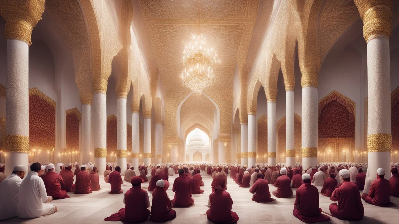 Hyper Realistic Photographic-View of lots of Muslims praying inside a Massively-Huge-Beautifully-Crafted-White-&-Maroon Wall-Mosque with detailed-golden-pillars & Garland-Light-Decorations with dramatic-&-Cinematic-Ambiance at night.