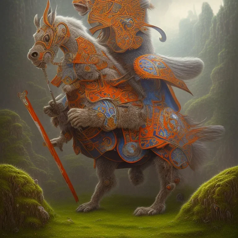 angry horse in orange and blue battle armor, Book of Kells style, a highly detailed illustration, background of Inka jungle, realistic render, 8 k, micro detail, intricate, elegant, centered, digital painting, Artstation, smooth, sharp focus, illustration, artgerm, tomasz alen kopera, peter mohrbacher, donato giancola, joseph christian leyendecker, wlop, boris vallejo