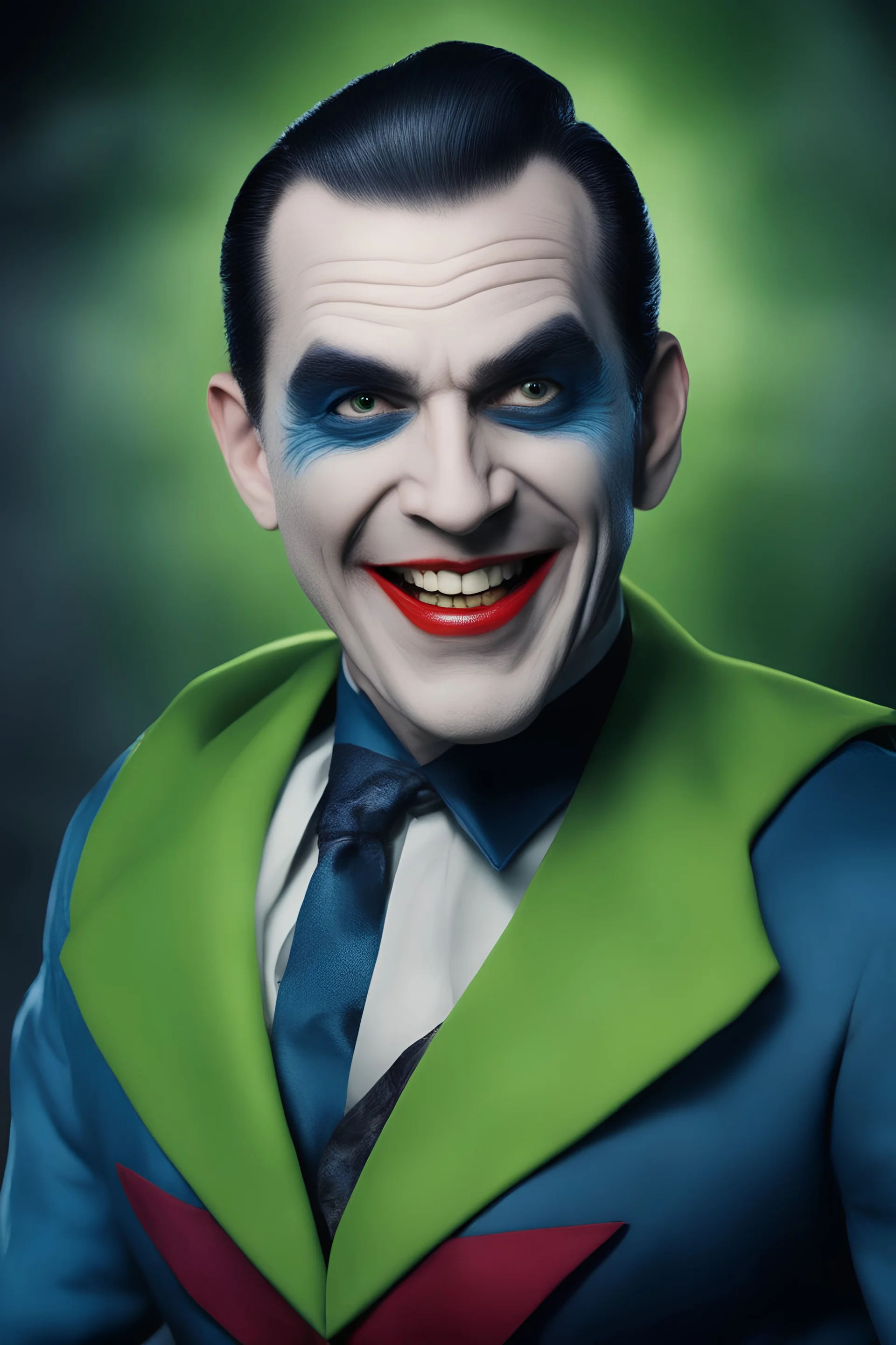 Bela Lugosi as Herman Munster Superman Joker, laughing, green hair - Blue eyes - full color - 32k, UHD, 1080p, 8 x 10, glossy professional quality digital photograph - dark foggy gradated background, historic, powerful, octane rendering, exquisite detail, 30 - megapixel, 4k, 85 - mm - lens, sharp - focus, intricately - detailed, long exposure time, f8, ISO 100, shutter - speed 1125, diffuse - back - lighting, ((skin details, high detailed skin texture)),