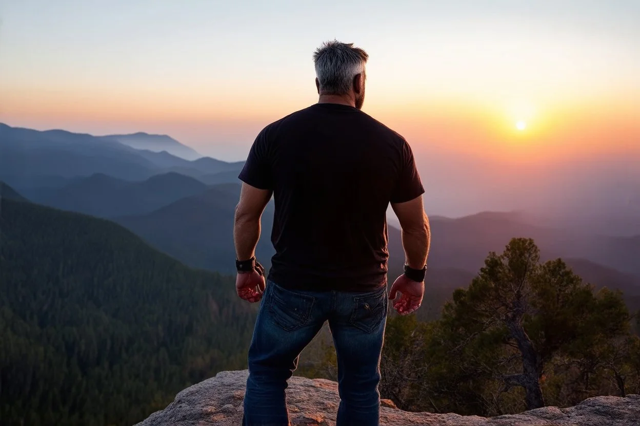 a brawny man with grey hair views sunset from a cliff