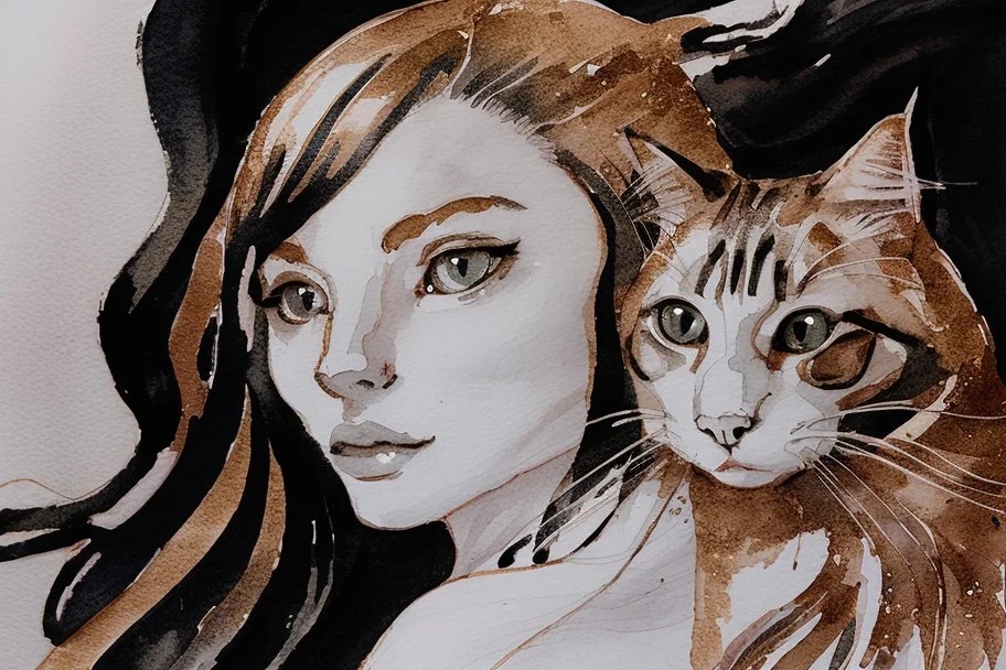 long haired woman with cat, white watercolor and black ink, golden glitters