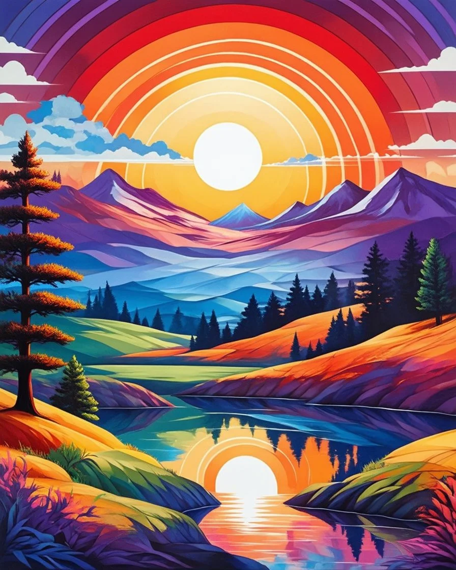 A vibrant, stylized landscape featuring rolling hills, abstract trees & a sun rising over a reflective body of water. A rainbow-hued mountain looms in the background with geometric shapes & layers blending vivid colors like red, orange, blue & purple. The scene conveys a surreal, futuristic aesthetic with smooth lines & gradient transitions between natural elements, creating a dynamic interplay of light, shadow & color.