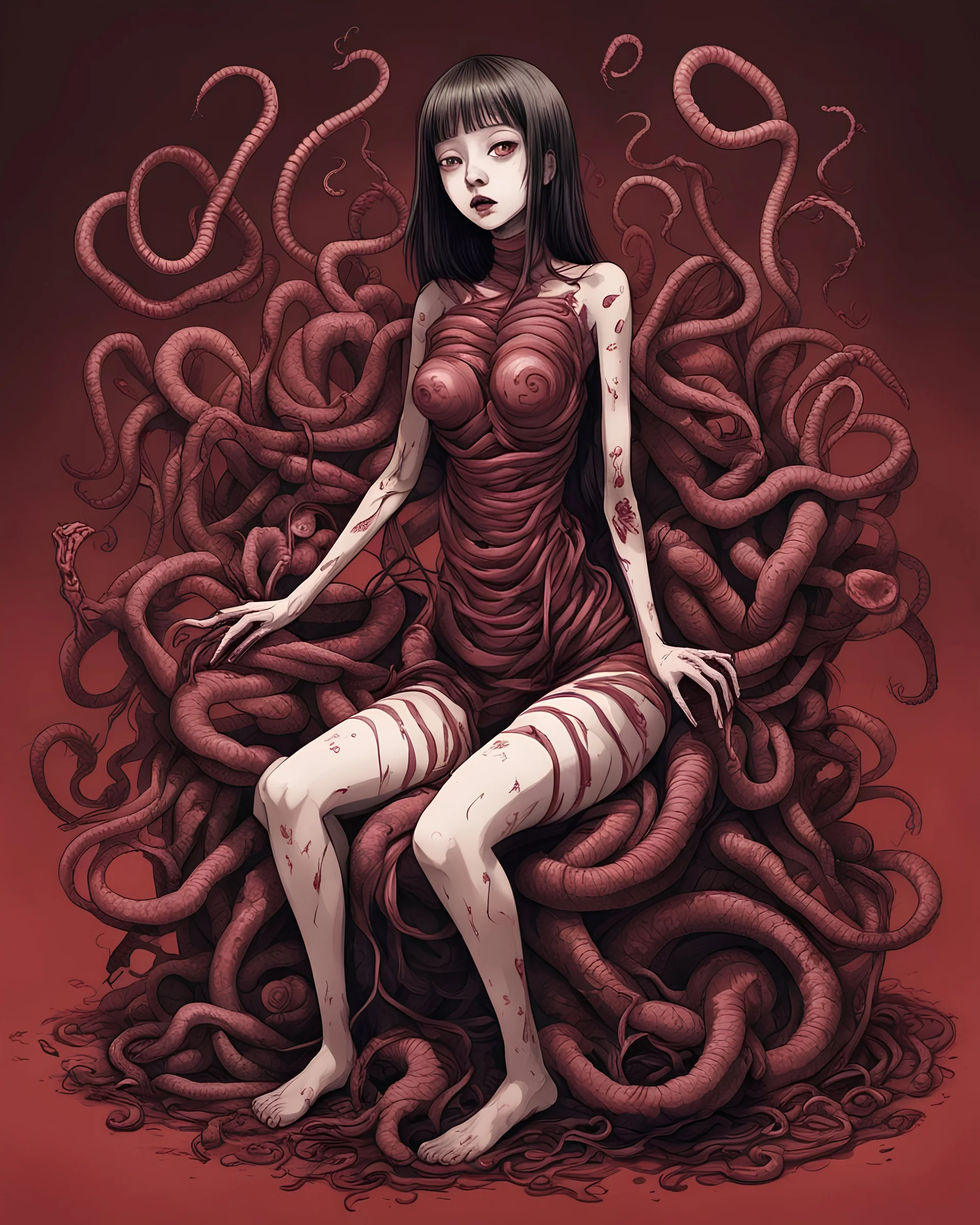 Petit weird woman with many worms from his body, sit pose, fullbody, Junji Ito style, darkred tones,