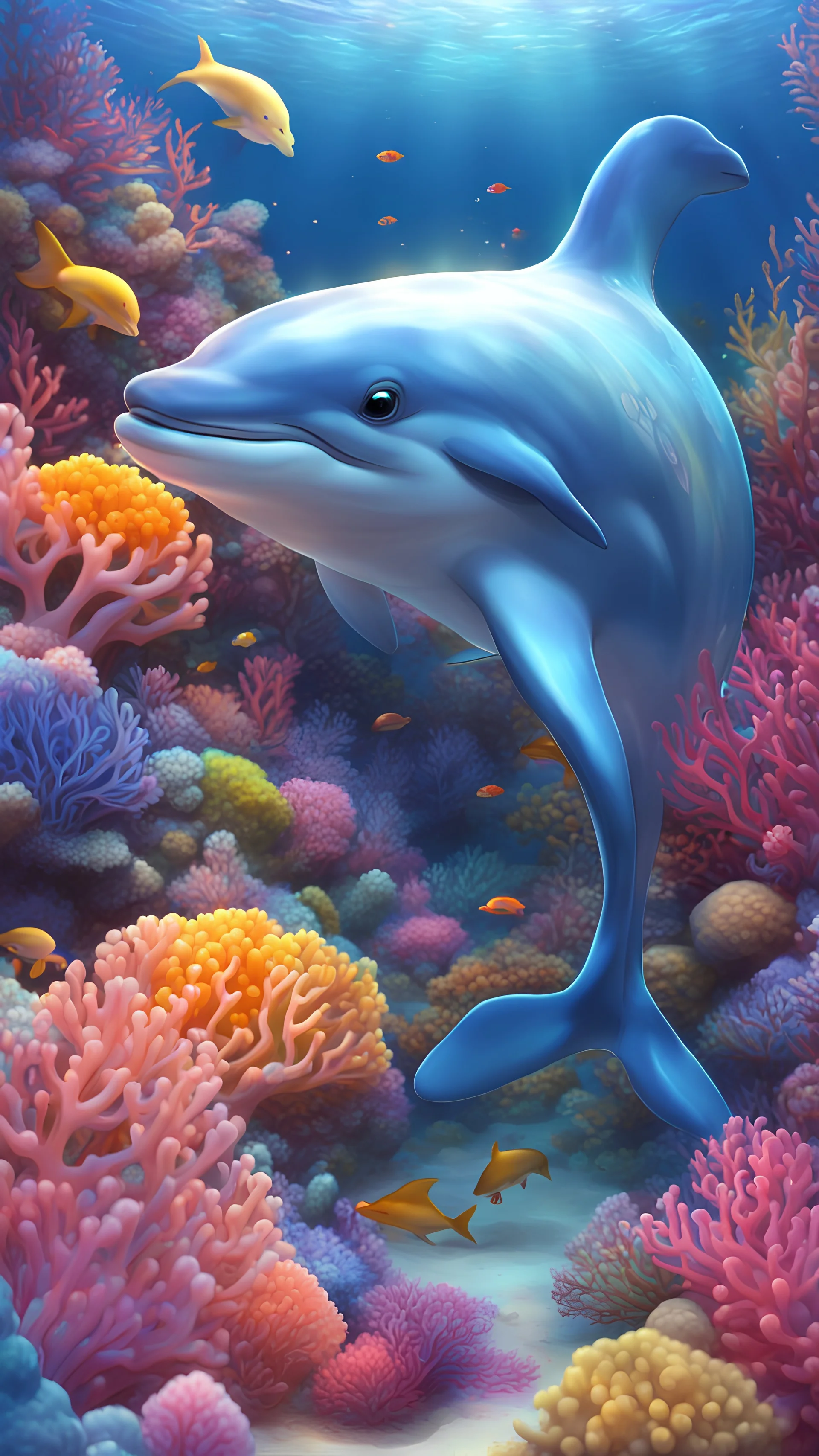 Kawaii, Cartoon, one cute proportionate dolphin in the ocean floor with bright colorful corals, All body, with sweet cute eyes, two fins and a perfect dolphin tail , blue and pink and yellow fluorescent lighting, Caricature, Realism, Beautiful, Delicate Shades, Lights, Intricate, CGI, Botanical Art, Animal Art, Art Decoration, Realism, 4K , Detailed drawing, Depth of field, Digital painting, Computer graphics, Raw photo, HDR