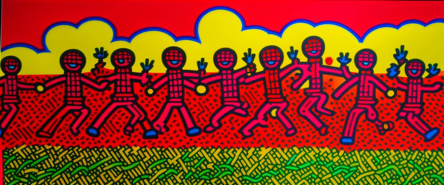 A magenta circus in the cloudy sky painted by Keith Haring