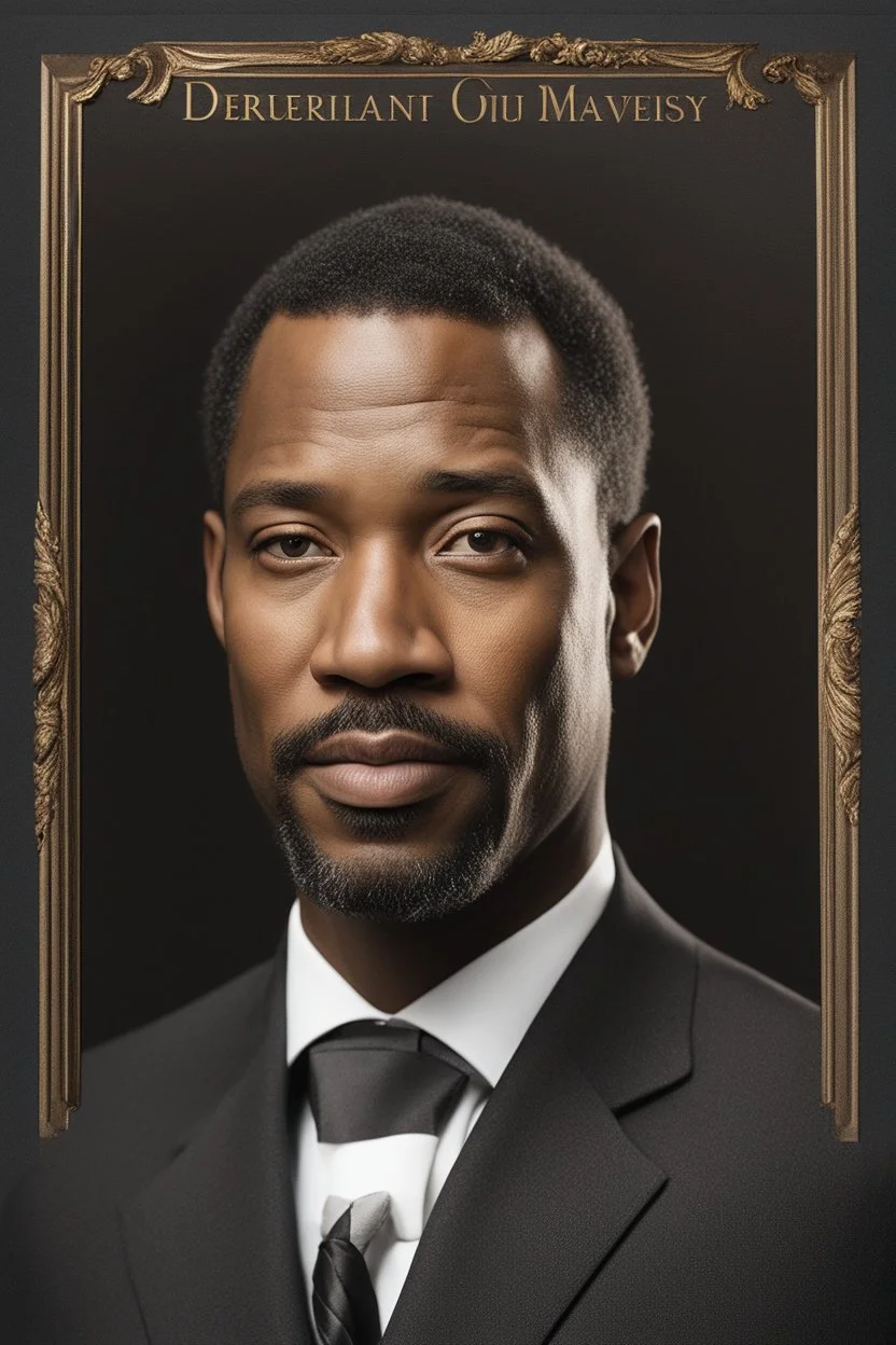 An extremely formal, funeral program on darkest bronze deeply pigmented velvet paper with brilliant, brightest heavy golden fonts, with a photograph on the front of the program of an strikingly handsome slightly tanned Biracial Black man of 50 years of age, with a slightly gray goatee dressed in a very dark conservative suit and tie, the photograph has a dark brown background or dark brown drapery background, simple, minimalistic, less element, very dramatic lighting