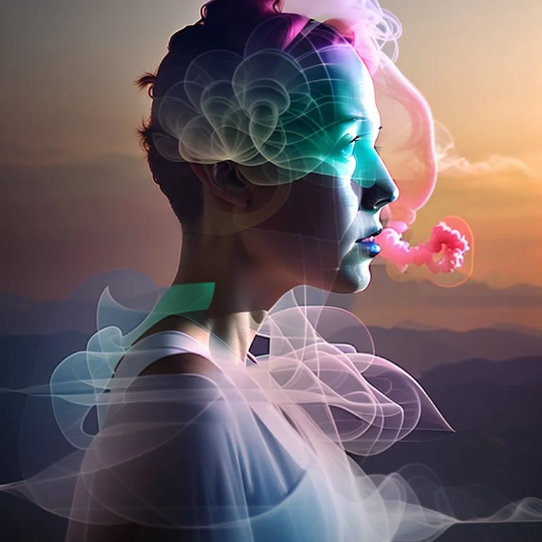 smoke plumes, clouds, smog, city scape with pollution, woman, double exposure photography, colourful nature, clean sharp focus, on white background, Fractal Geometry buildings, sacred geometry