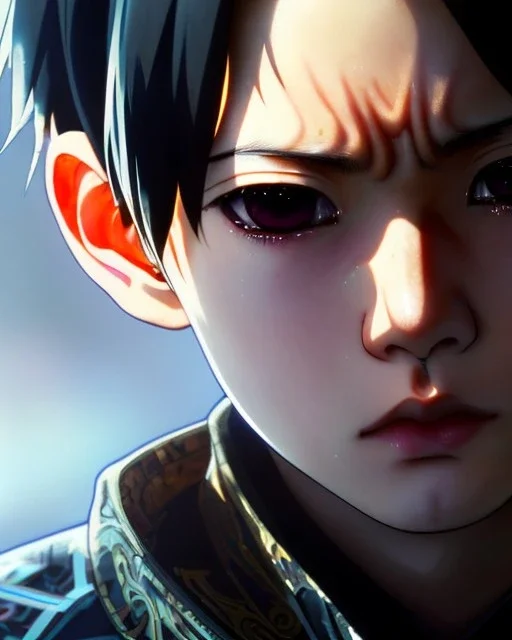 Detailed young anime boy crying, intricate details, full body portrait, keep head in frame, slight, black Japanese motif, concept art, highly detailed, digital painting, concept art, sharp focus, illustration, art by Yoji Shinkawa, WLOP and greg rutkowski and alphonse mucha and artgerm and yanjun Chen and Junji ito and Makoto Shinkai, HDR, octane render