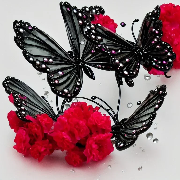 Черная Прозрачная Бабочка из воды и букет венок красные стеклянные цветы в жемчужном сиянии капли дождя