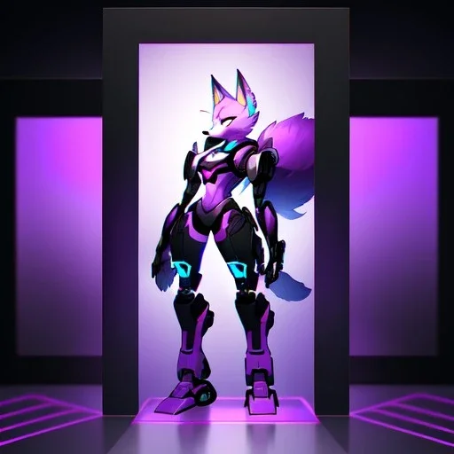 a fox fursona, darker colors, master quality, backlighting, soft lights, full body portrait, in frame, 8k, furry, fur, black and purple color pallet, robotic enhancements, cyberpunk, anthropomorphic