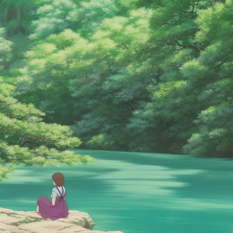 Girl sitting by the river, green landscape with bioluminescent trees, high quality, intricate detail, sharp focus, theme park, romantic, at dusk, light dust, makoto shinkai, studio ghibli