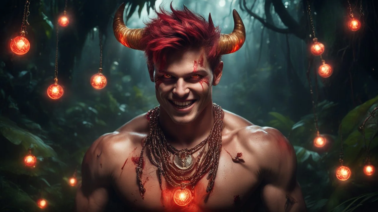 HYPER REALISTIC PHOTOGRAPHIC Middle Angle View Of A Handsome Muscular Young Man With Ritualistic Costume With Bone Necklace Unleashing Glowing Magic Balls, With A Fierce Devilish Smiling Expressions On His Face With Glowing Red Eyes With Short Messy Maroon Hair & Golden Horns In A Dark Dense Jungle At Dark Night With Fireflies Showing Dramatic & Cinematic Ambiance