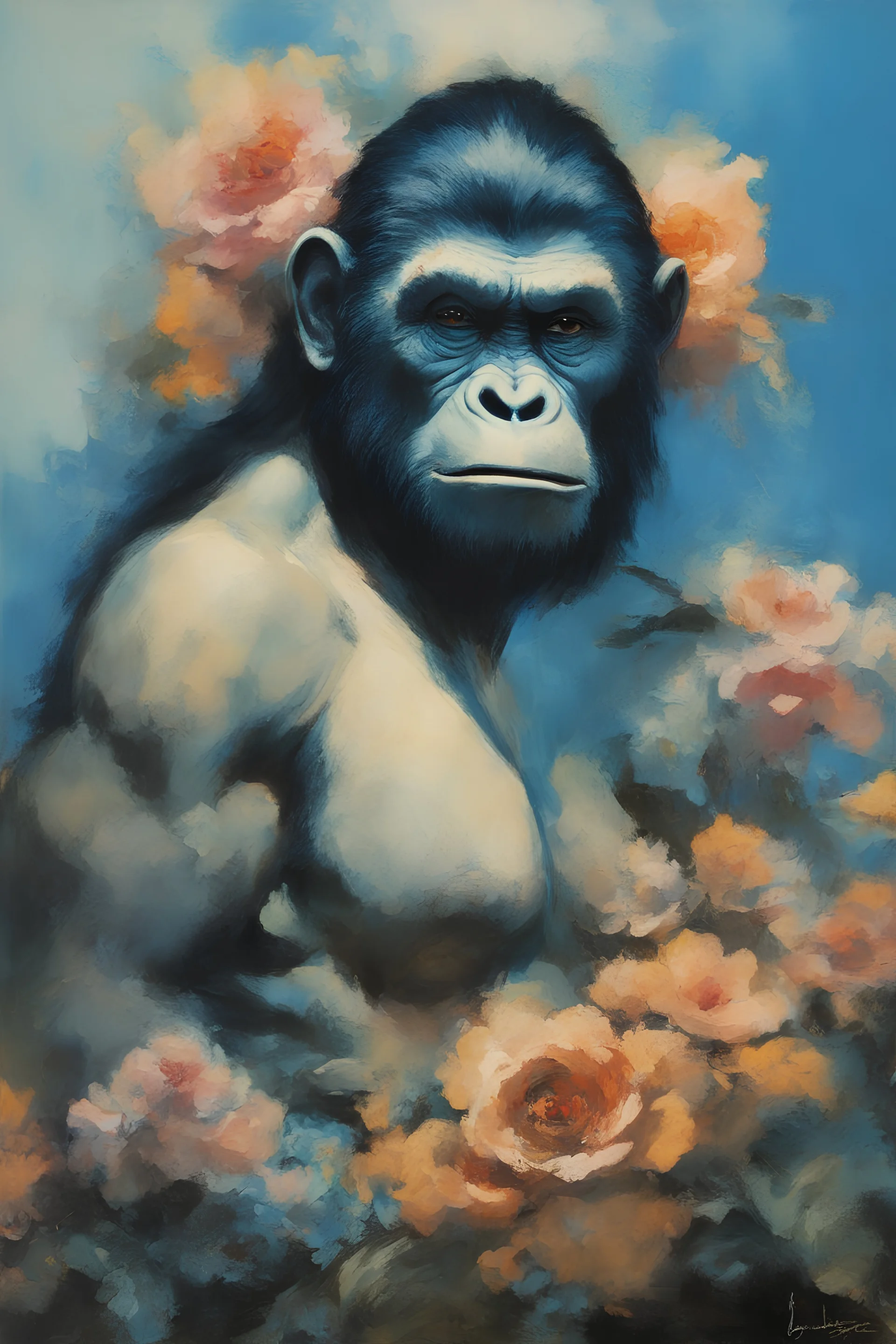 mugshot, Planet of the Apes, blue, large, floral designs, atmospheric, beautiful, China Doll, oil painting by Frank Frazetta