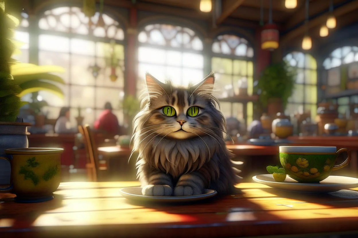 cute fluffy cat in a coffeehouse in sunshine Weight:1 detailed matte painting, deep color, fantastical, intricate detail, splash screen, complementary colors, fantasy concept art, 8k resolution trending on Artstation Unreal Engine 5 Weight:0.9