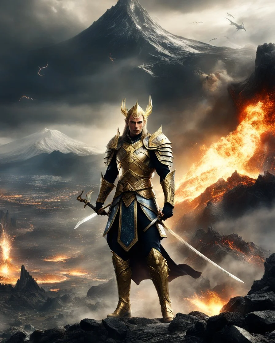 A length photography realistic details, of battlefield the Handsome King Guardian Elven,wearing dress luxurious steel armor decorative golden,running action hold sword as leader,he on bring and leading armys groups following from back side ,big mountain eruption blow fire background with epic lightning bolts in the sky and a dragon flying in the sky and some ruins in the foreground