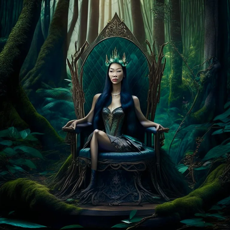 A beautiful as a model asian woodland elf princess who looks like Lucy Liu seated on a throne in a mystical forest