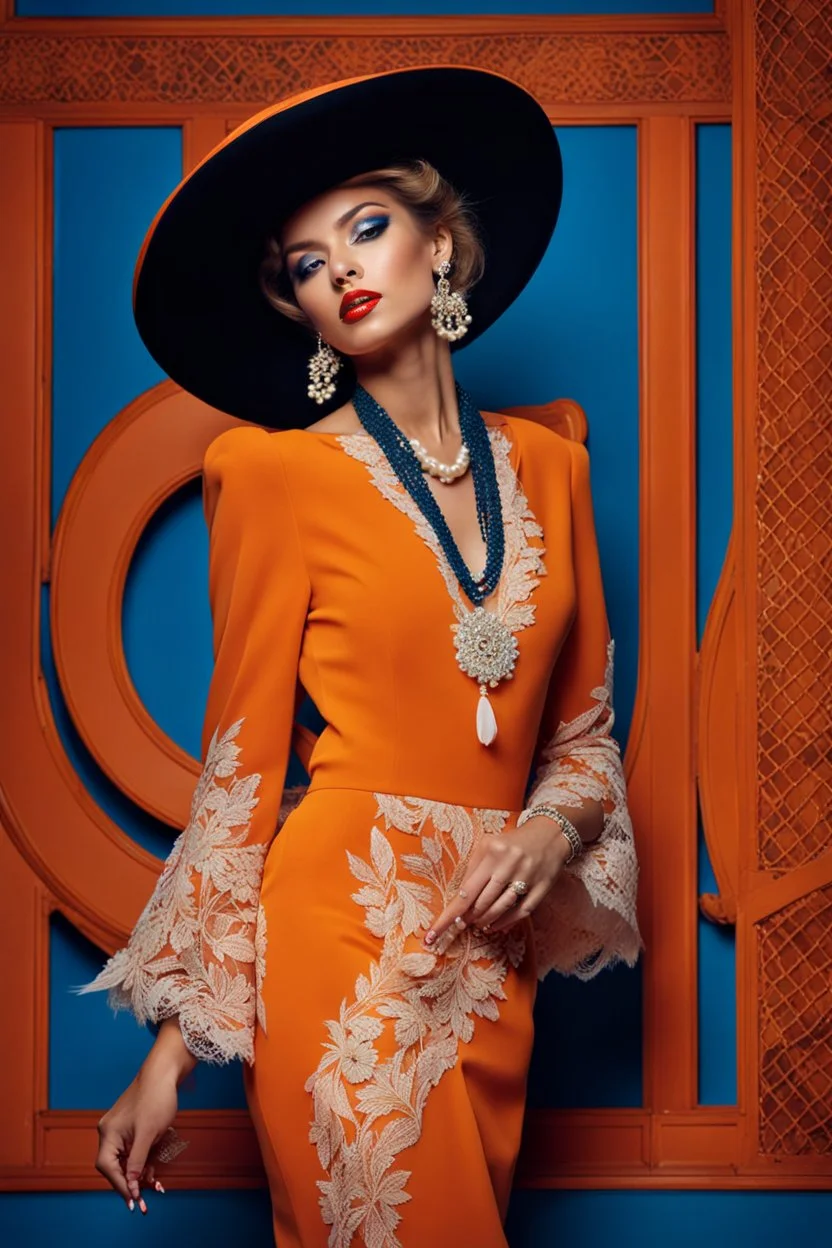 full body beautiful girl, elegant orange,lace clothes of the 80s, luxury style, small elegant hat with feather, hair of the 80s, pearl necklace, earrings masterful, beautiful face,blue backdrop