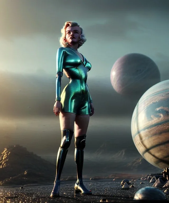 Ultra Realistic retro sci-fi 1960 scene, waist up view portrait, blonde woman, sweet young Marilyn Monroe face, perfect iris, tight latex coat, alien planet background, tight style, steel sphere dron levitating, fog, rain, soft color, highly detailed, unreal engine 5, ray tracing, RTX, lumen lighting, ultra detail, volumetric lighting, 3d, finely drawn, high definition, high resolution.