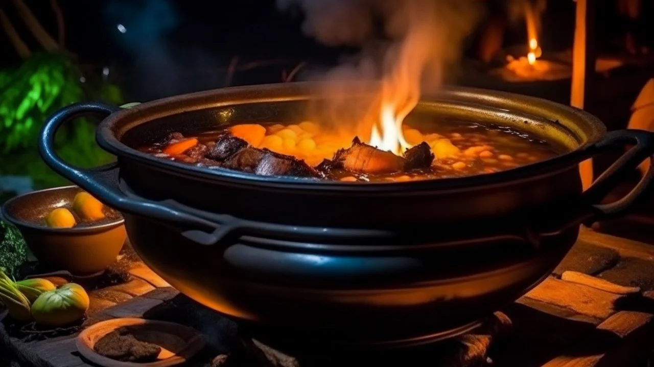 delicious stew bubbling in a cauldron suspended over a wood fire outside in the night