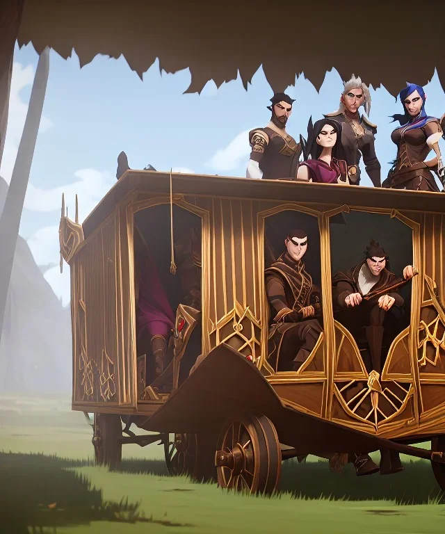 Fantasy Adventurers inside a traveling caravan, horse carriage