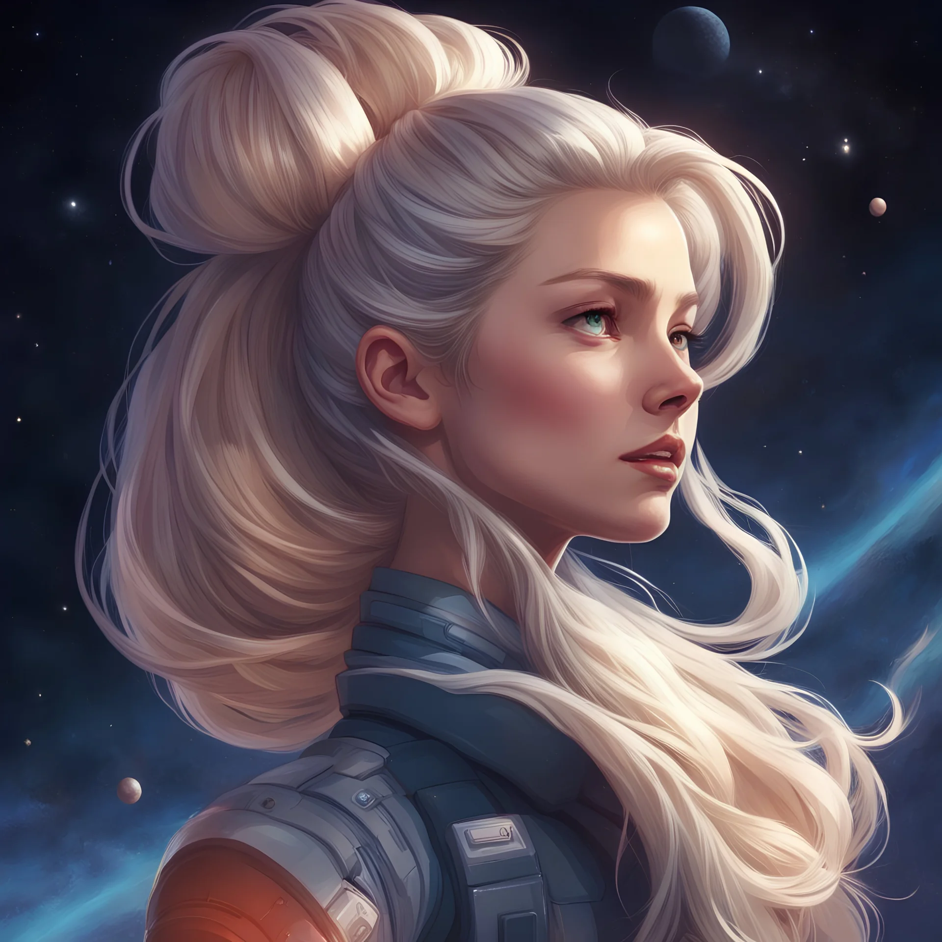 Her hair, pulled into a high ponytail, is proof of her resolve. From now on, she will no longer waver, in space art style