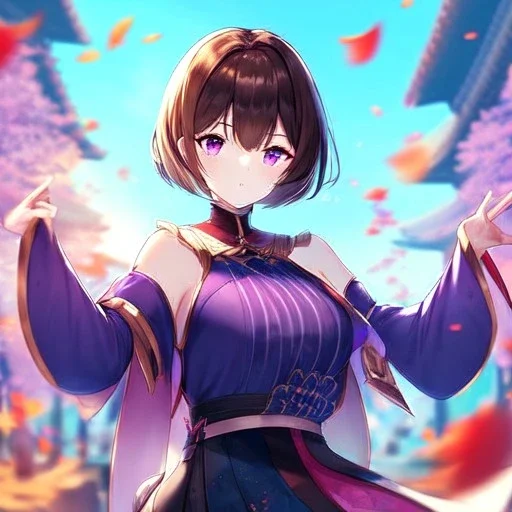 Clear focus,High resolution, one girls, Short brown hair, Purple eyes, Wearing a techy outfit standing with blurry sakura leafs falling down, Wearing a split skirt, Cut Sleeves