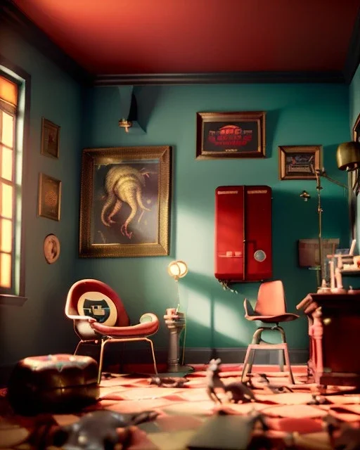 Room scene with retro monster, Wes Anderson style, realistic photo, concept art, smooth, unreal engine 5, god lights, ray tracing, RTX, lumen lighting, ultra detail, volumetric lighting, 3d.