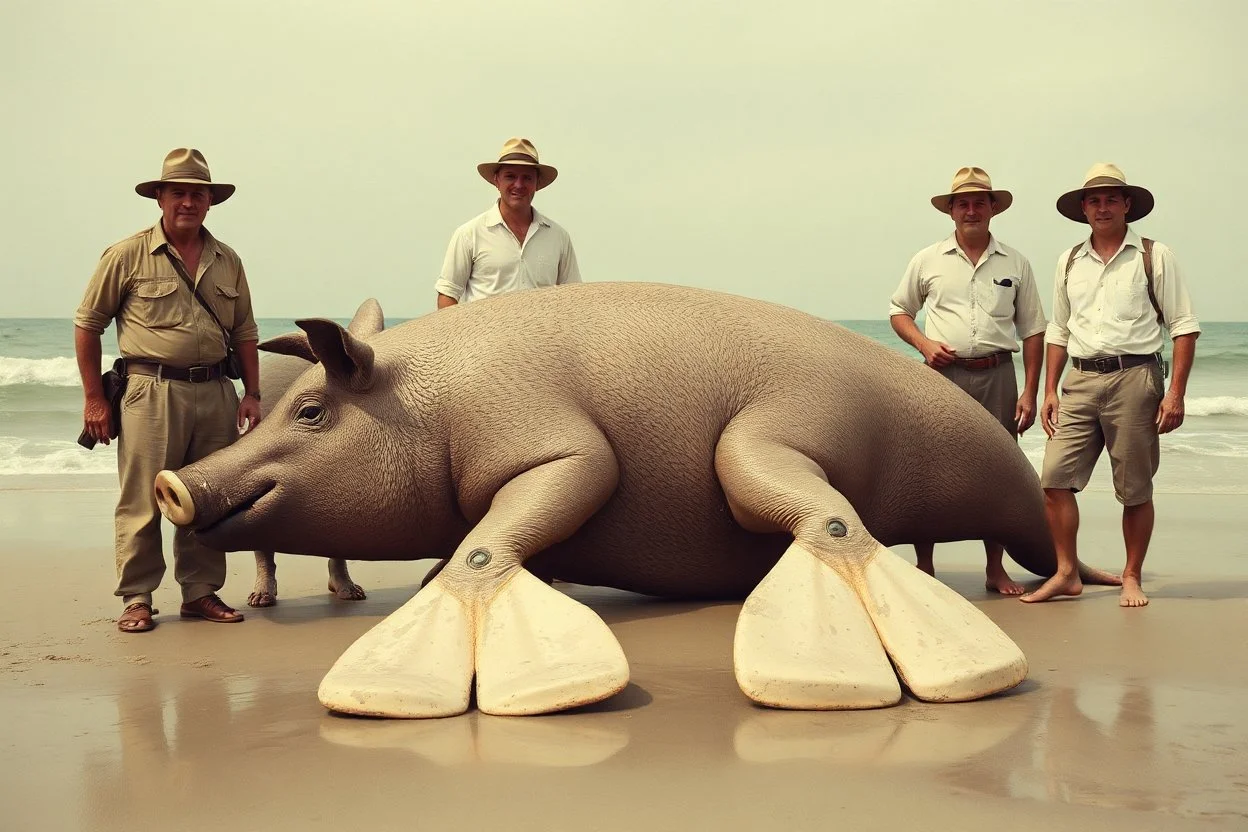 1930's washed out faded color photography of European explorers dressed in khaki pants and clean pressed white button-down shirts and safari hats posing on a beach, limp knocked out colossal fantastical pig-like sea creature with flippers washed up on beach in front of them, absurd, realism,