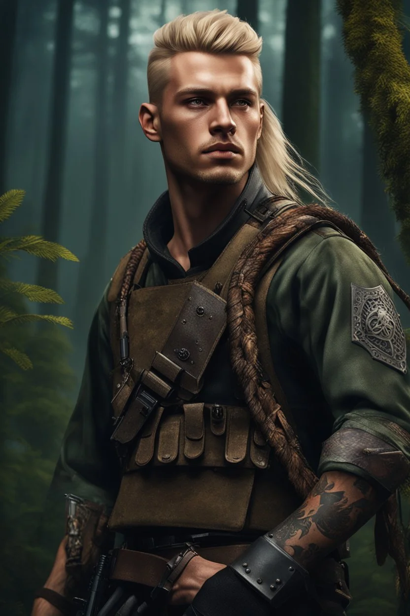 photorealistic hyperdetailed portait of 20-year-old german male, as mercenary with long blonde undercut hair, tribal tattoos and neatly trimmed beard wearing modern mercenary uniform dark fantasy forest backdrop