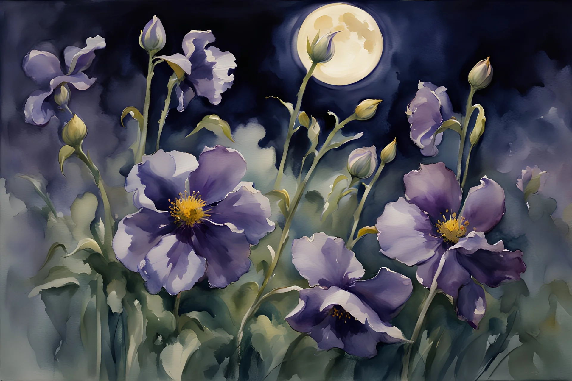 Night, purple flowers, moon, gothic horror films influence, johnsinger sargent watercolor paintings